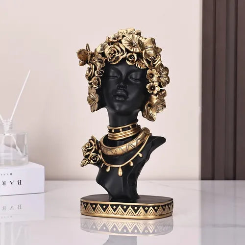 Statueta Africana Bust Negru Auriu Decorativ Raze Flori Trandafiri Luxury 35cm - detaliu produs
