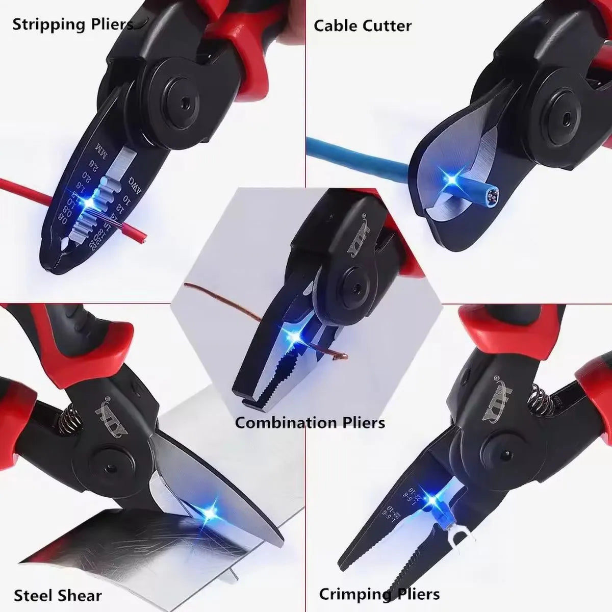 Clește multifuncțional 5 în 1 cu capete interschimbabile, Patent, Taietor Cablu, Dezizolator, Cleste Sertizare, Foarfeca de tabla, cap interschimbabil, maner ergonomic, izolat electric