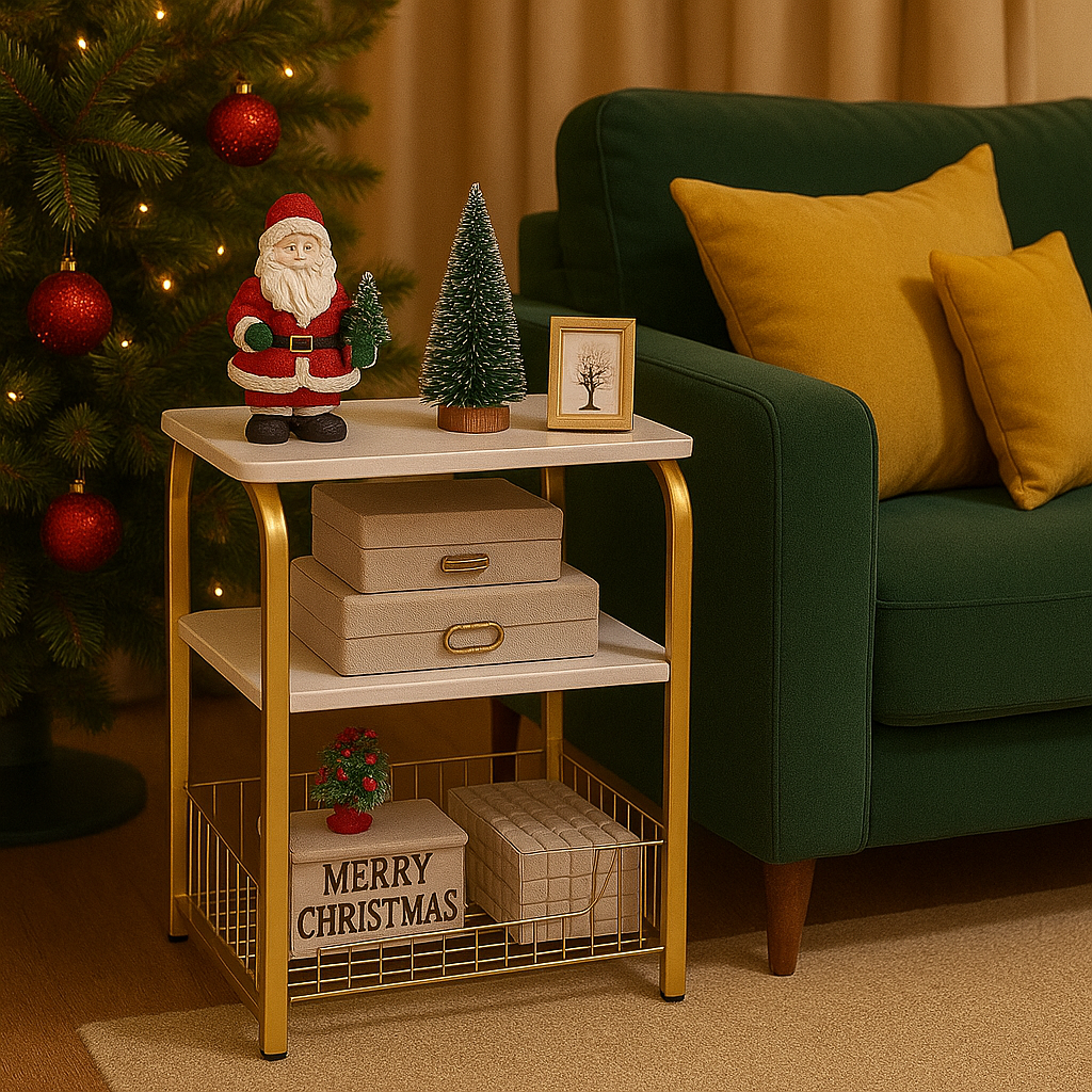 Masa Laterala Moderna 40×30×62 cm cu Cadru Auriu si Rafturi din Marmura Alba