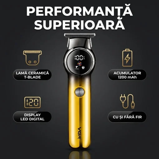 VGR V-989 Aparat de Contur Profesional Lama Ceramica T-Blade Display LED Auriu - detaliu produs
