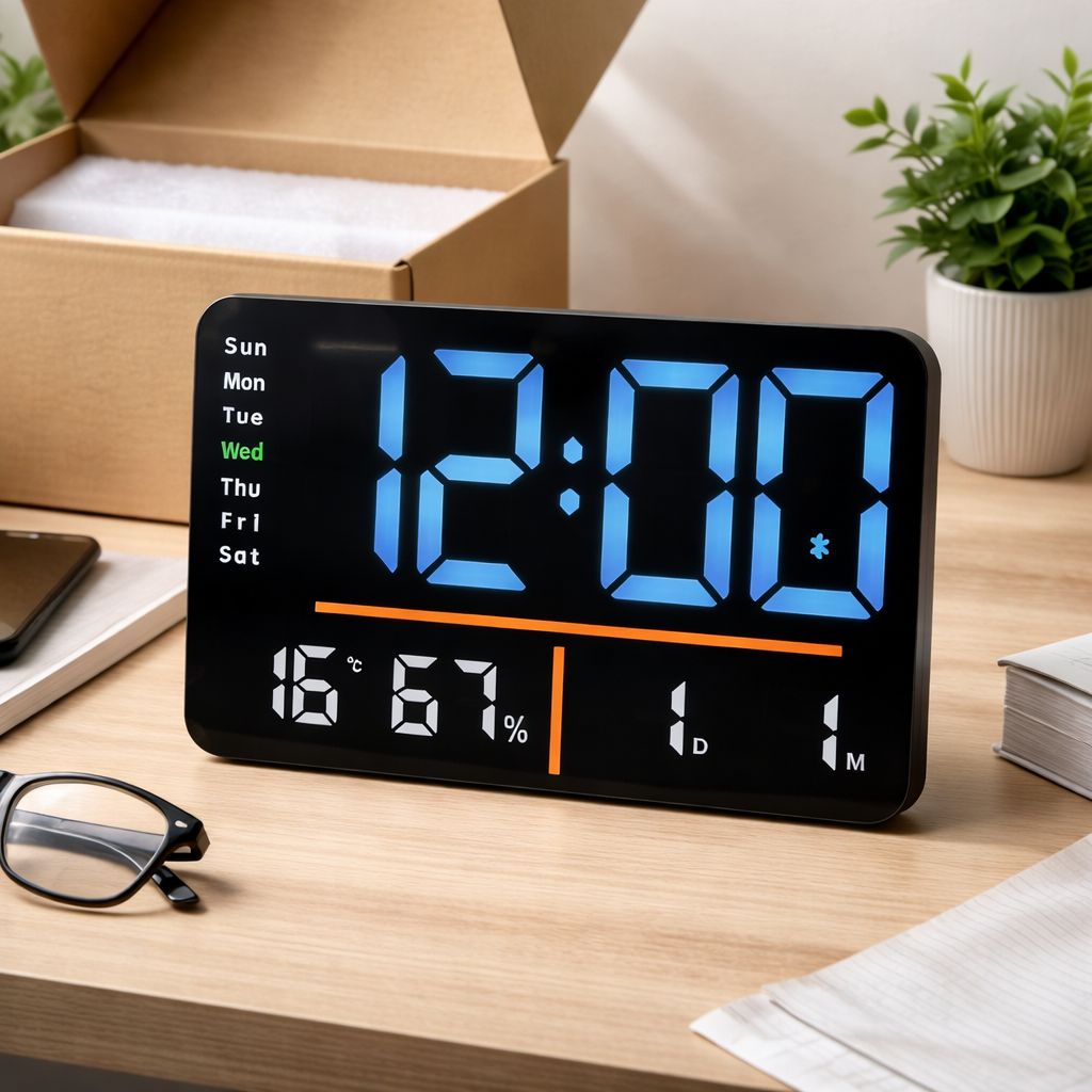 Ceas digital cu LED, Bluetooth, 33 x22cm, control de la distanta, montare pe perete sau birou, negru