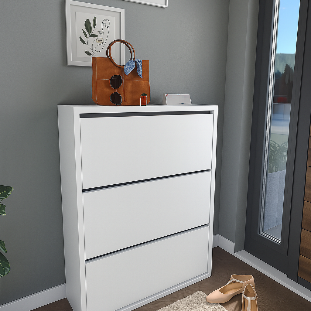 Pantofar cu usa rabatabila si rafturi glisante, 3 compartimente, PAL melaminat de 18 mm, 110  x 73,5  x 22 cm