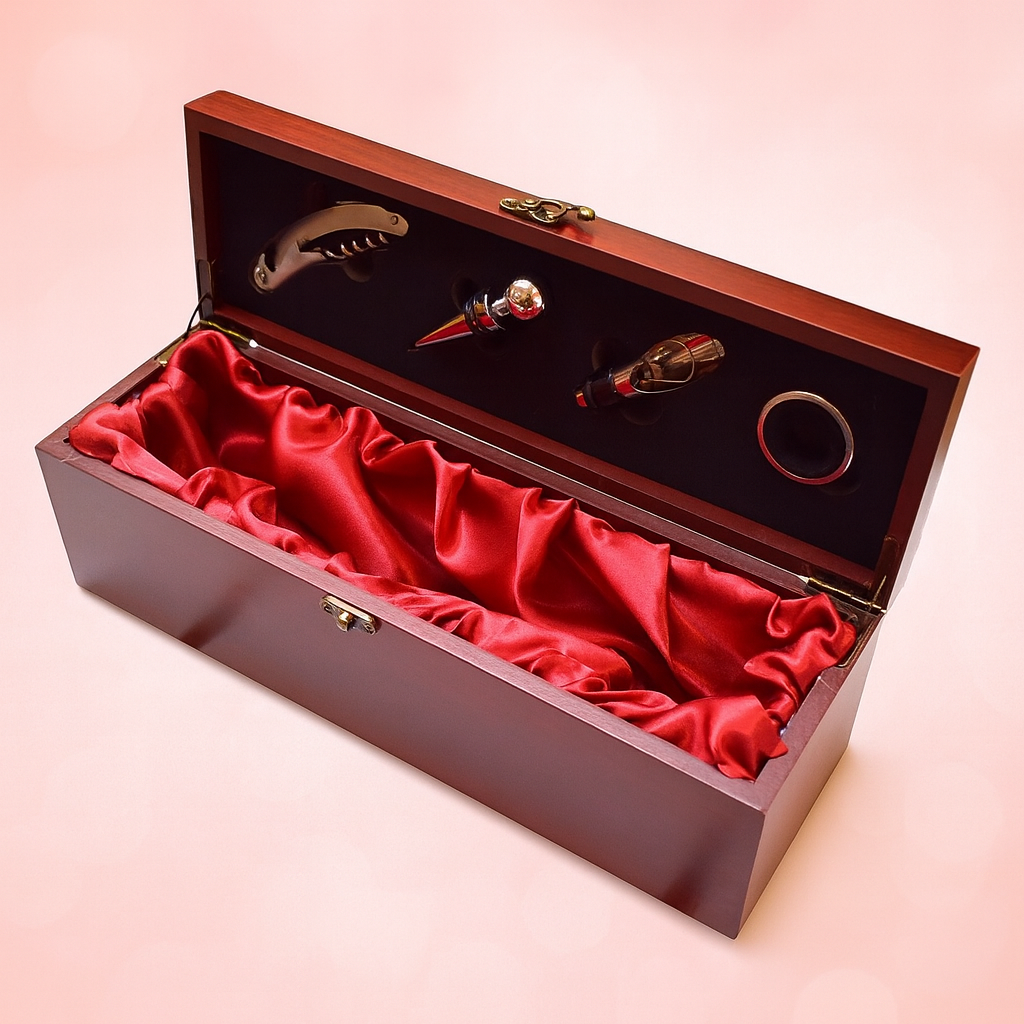 Set Cadou Cutie din Lemn pentru Sticla de Vin cu Accesorii – Elegant si Premium