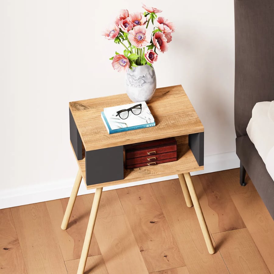 Noptiera cu picioare din lemn si raft deschis, 44 x 29 x 18 cm, stil scandinav modern