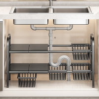 Raft metalic pentru depozitare sub chiuveta, extensibil 55-85 cm, 4 cosuri, 85 (L) x 25 (l) x (H) cm, negru - imagine 2