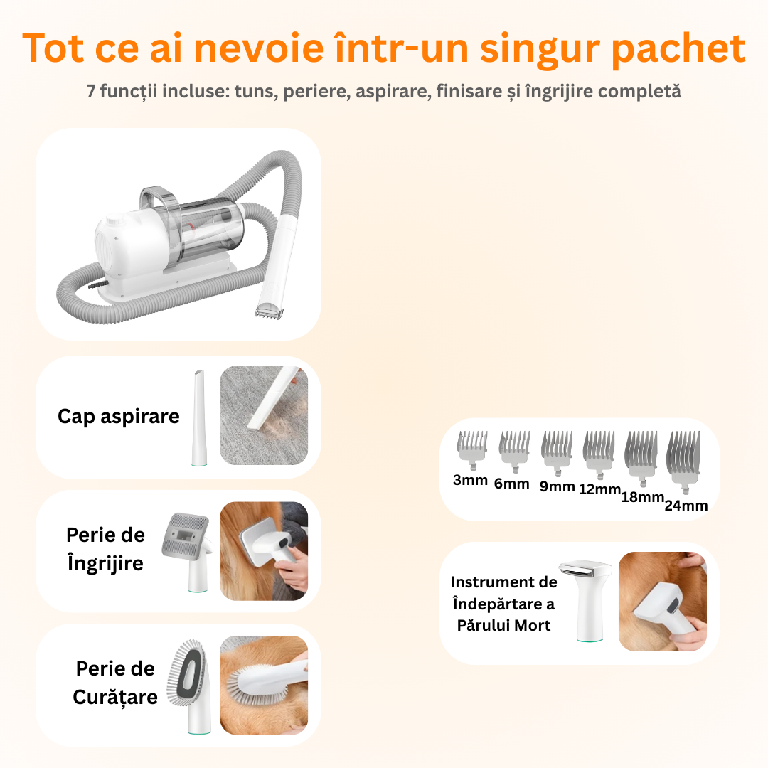 Masina de tuns animale 5 in 1 cu Aspirator integrat – Caini si Pisici, 6 dimensiuni de tuns, zgomot redus, Alb