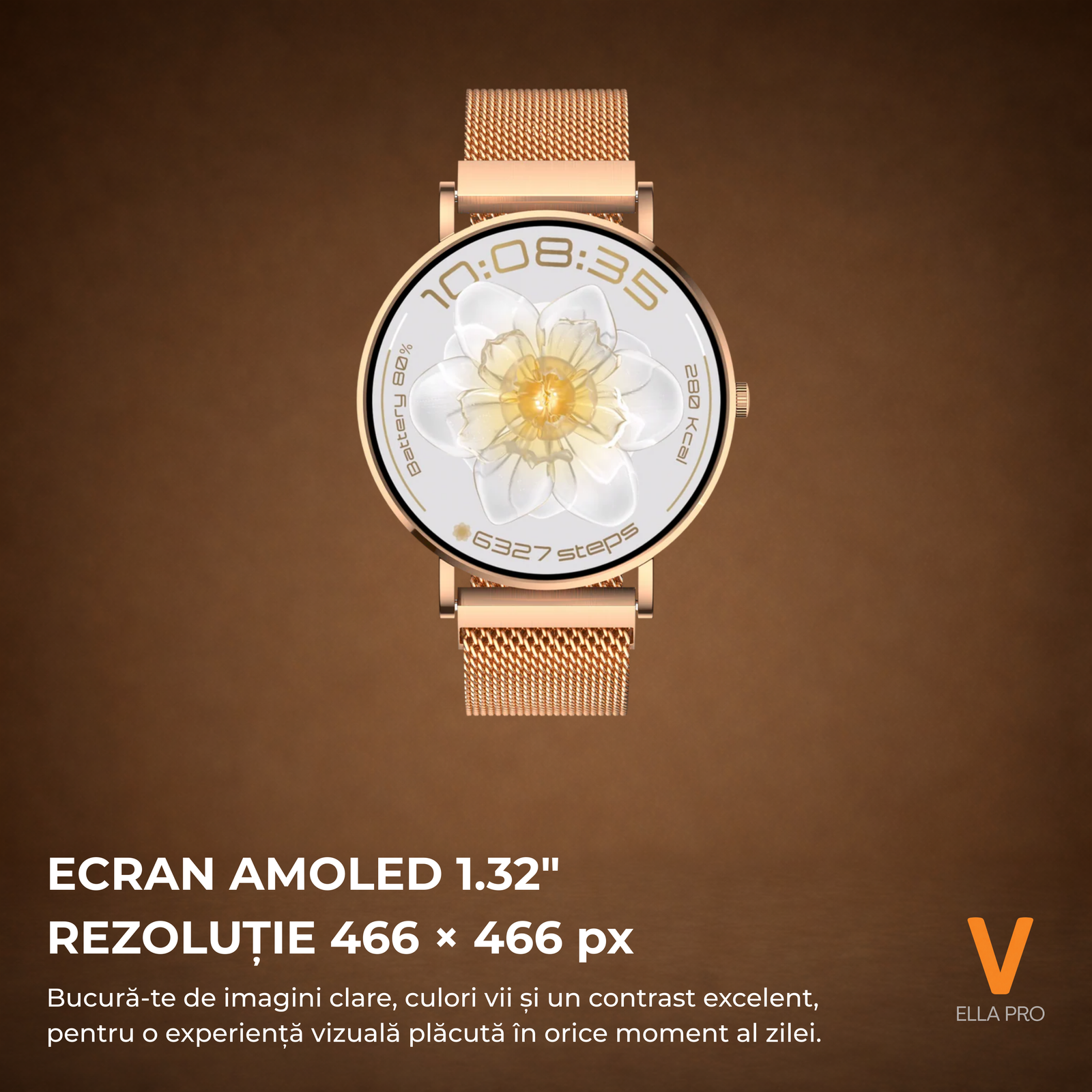 Ceas Smartwatch Dama ELLA PRO Vivendo®, Ecran AMOLED 1.32", Fitness, Apel Bluetooth, Notificari Limba Romana, ChatGPT AI, Incarcare Wireless, Rezistent Apa IP68, 2 Curele Incluse