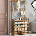 Cuier haine stil japonez, din bambus, cu suport pantofi 5 rafturi, Carlige Multiple, 176x80x23cm