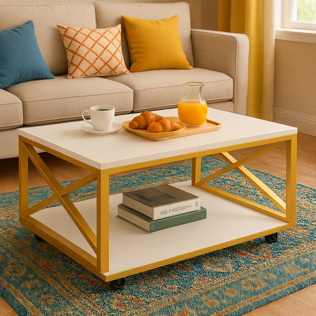 Masuta de cafea moderna, cu blat melaminat alb si cadru metalic, cu roti si spatiu de depozitare,  98 x 60 x 33.6 cm