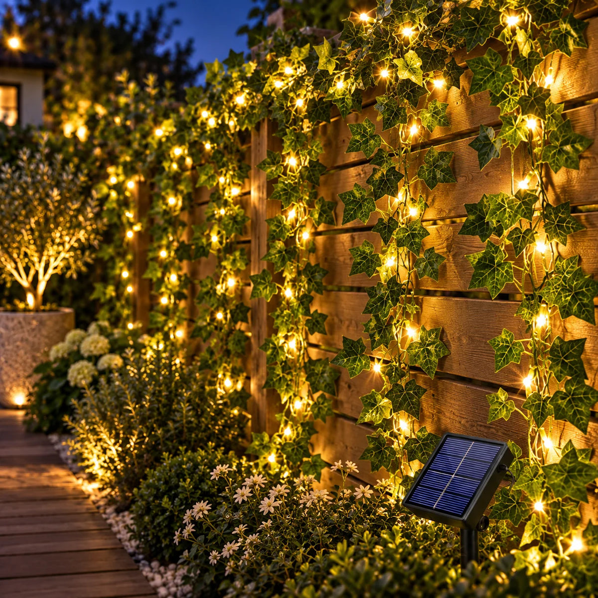 Instalatie solara LED tip iedara cu frunze artificiale lumina calda 7m 50 LED-uri sau 12m 100 LED-uri - detaliu produs