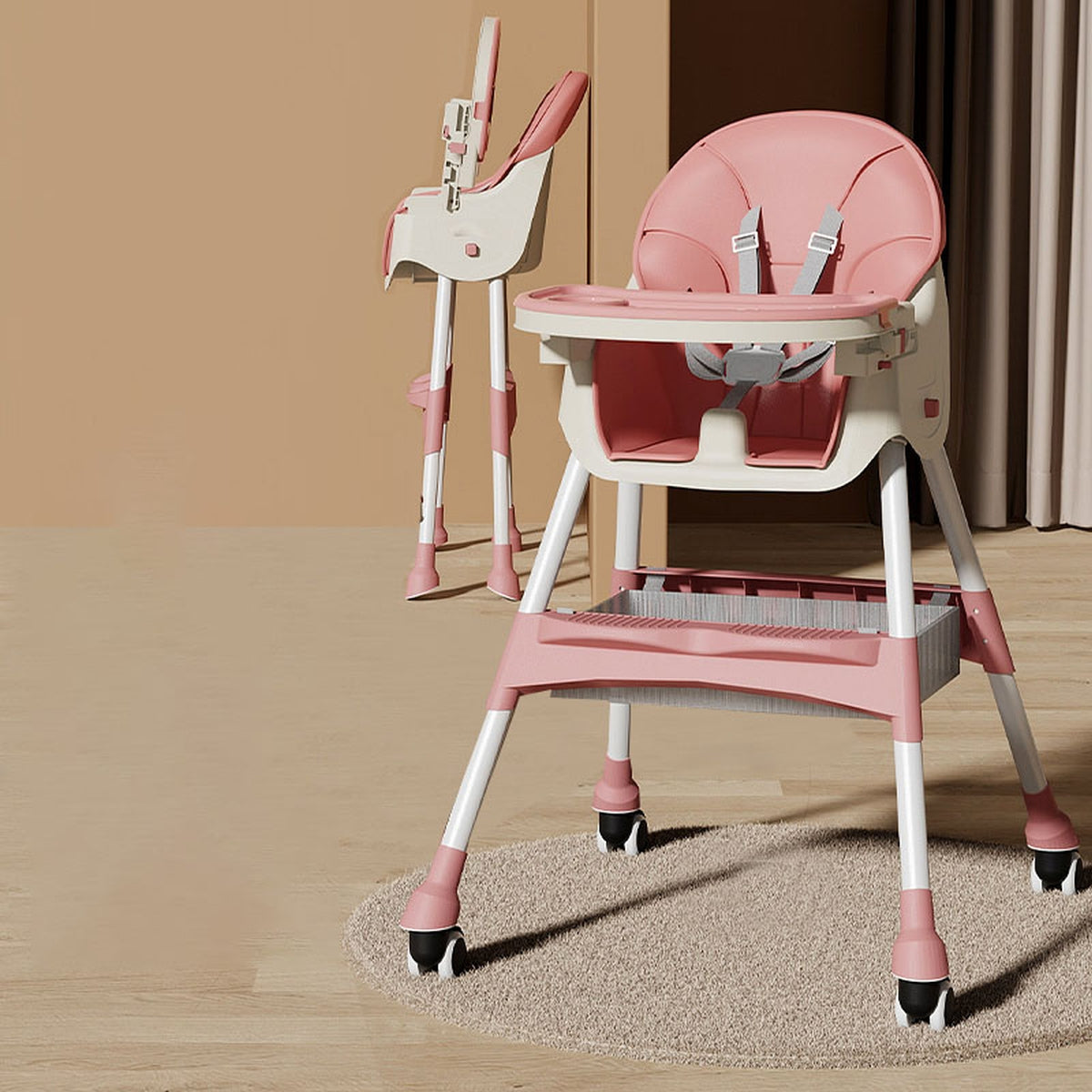 Scaun de Masa pentru Bebelusi si Copii cu Roti, Telescopic, Pliabil, Masuta Reglabila, Suport Picioare, Scaun cu Invelis Piele Artificiala, Centura Siguranta, Spatiu Depozitare, 97x73x65 cm,