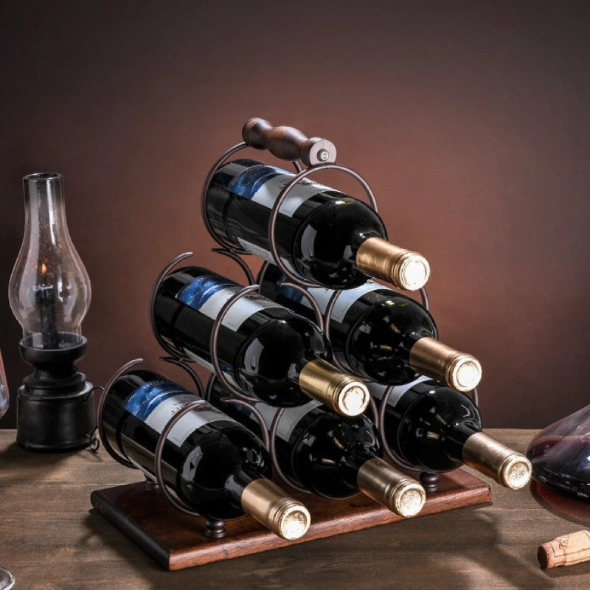 Suport pentru 6 sticle de vin, design modern, lemn natural si otel, 32.5 x 16 x 30 cm