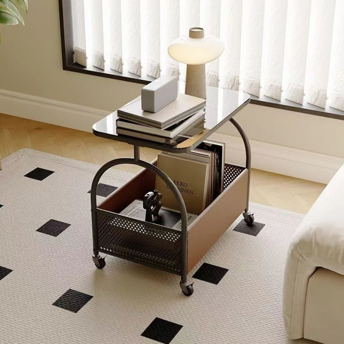 Masuta portabila cu compartiment pentru depozitare, blat din sticla, cadru metalic, 53 x 55 x 36 cm