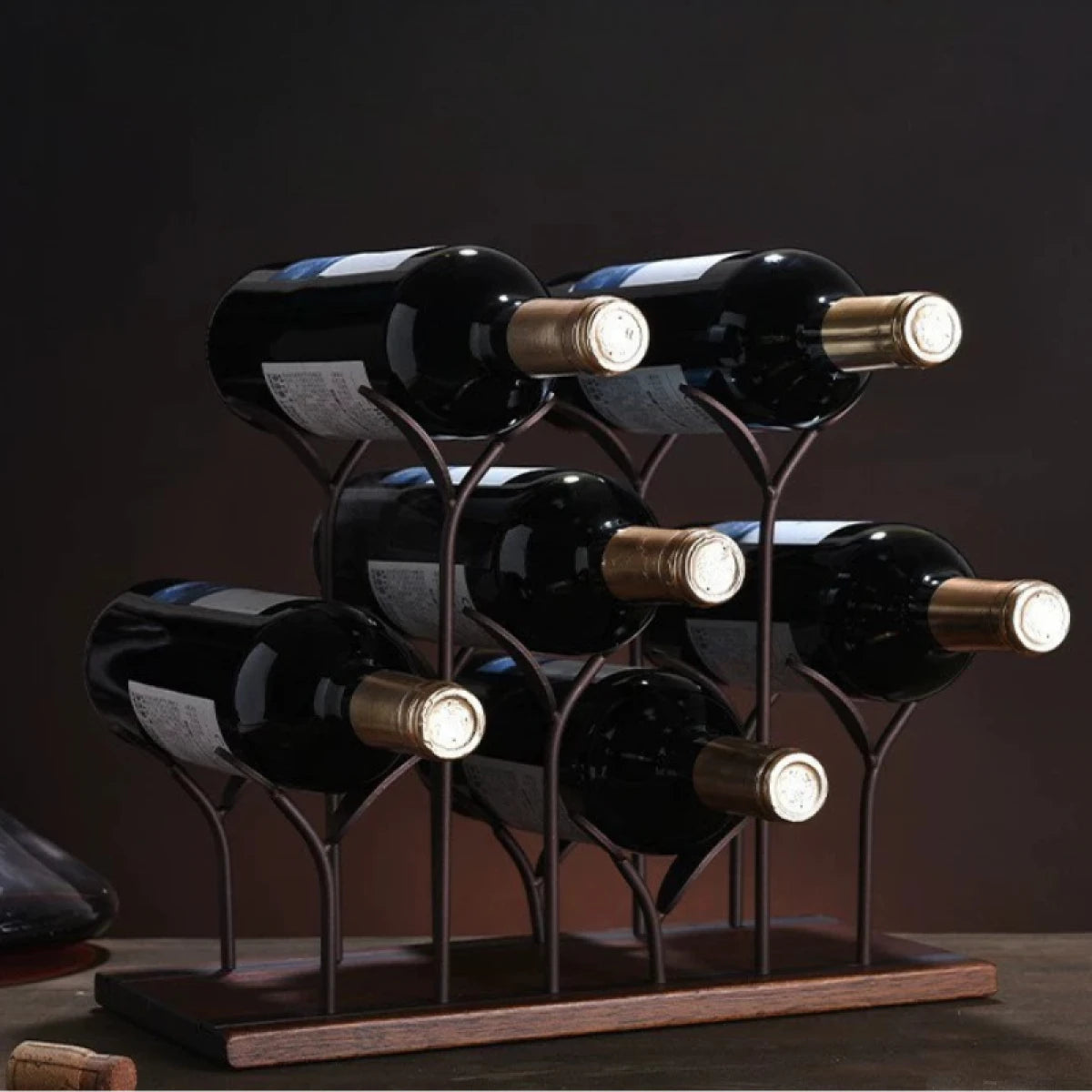Suport pentru 6 sticle de vin, design modern, lemn natural si otel, 32.5 x 16 x 30 cm
