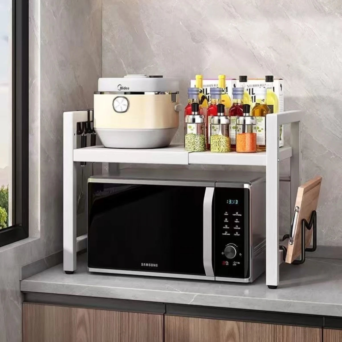 Raft metalic cuptor cu microunde, negru, etajera ajustabila, organizator bucatarie, 40-60 x 36.5 x 45 cm