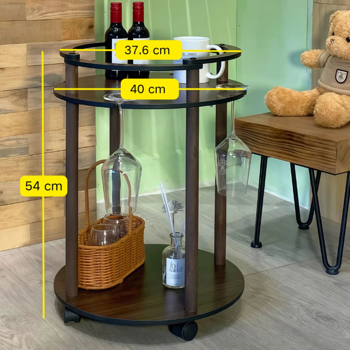 Masuta rotunda pentru sticle si pahare de vin, portabila, 2 nivele, lemn cu MDF, 54 x 40 cm