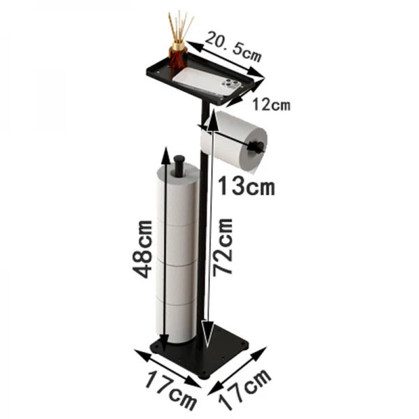 Suport metalic pentru hartia igienica cu polita pentru accesorii, 2 spatii de stocare hartie igienica, 72 cm, negru