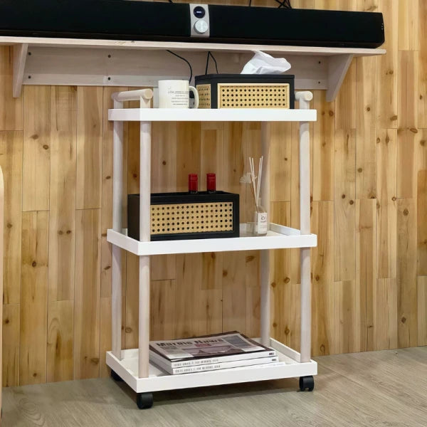 Raft mobil cu 3 polite si 4 roti rotative, suporturi din lemn natural, alb