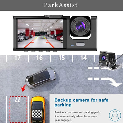Camera auto tripla FullHD, 3 camere-fata/spate/interior, ecran 2'', G Senzor