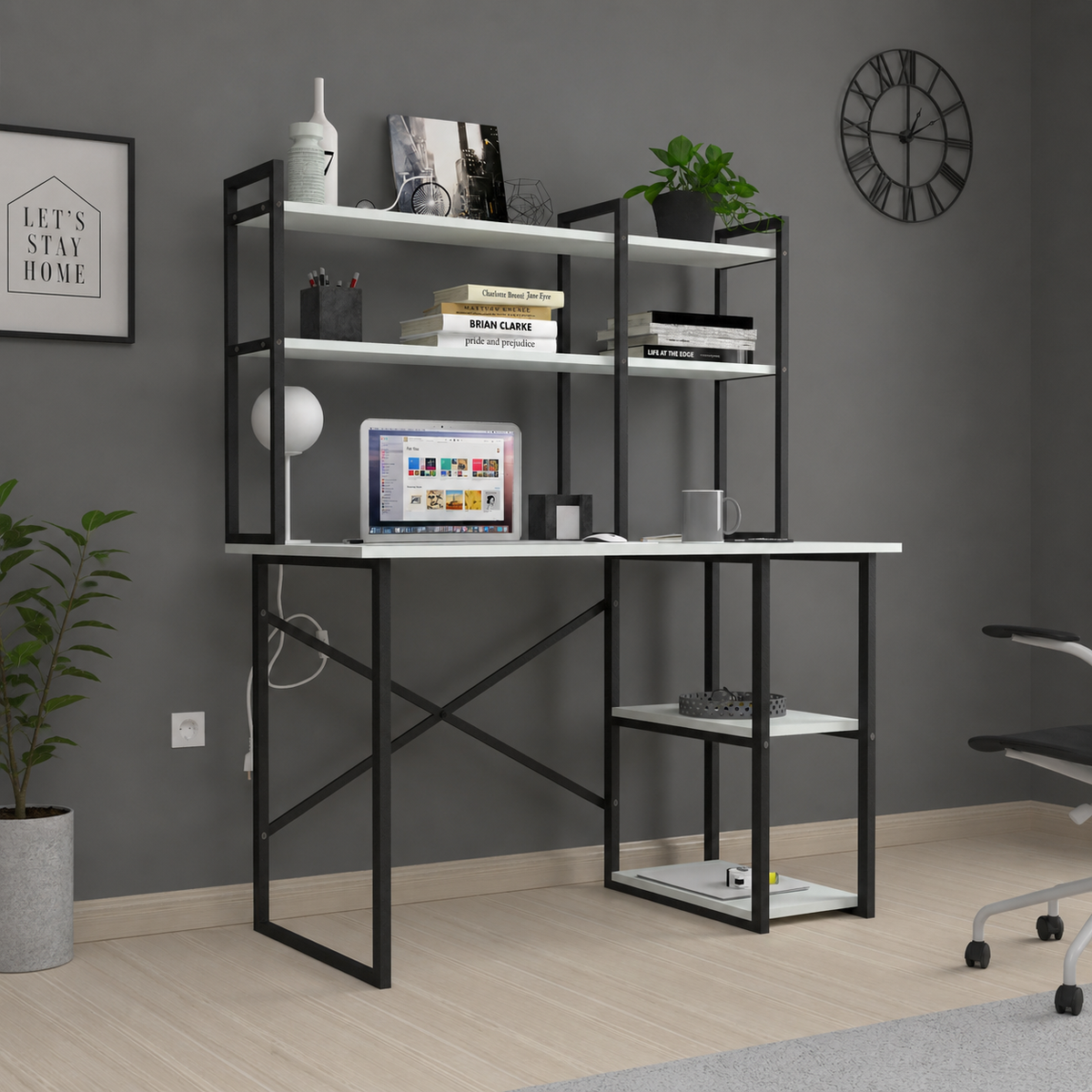 Birou cu raft superior, 120 x 60 cm, cadru metalic si blat de 18 mm