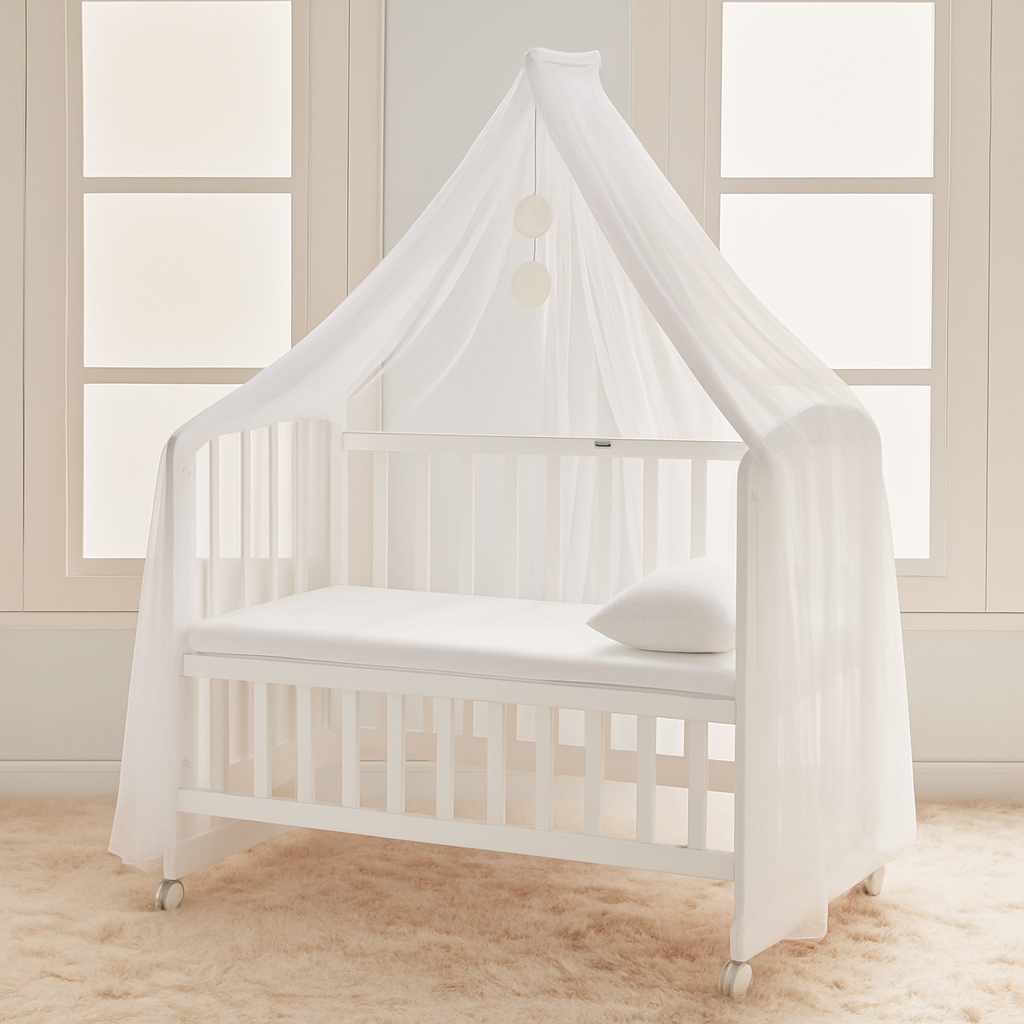Patut bebelusi din lemn stil scandinav cu roti, laterale de protectie, saltea inclusa, baldachin, alb 104 x 60 x 85 cm