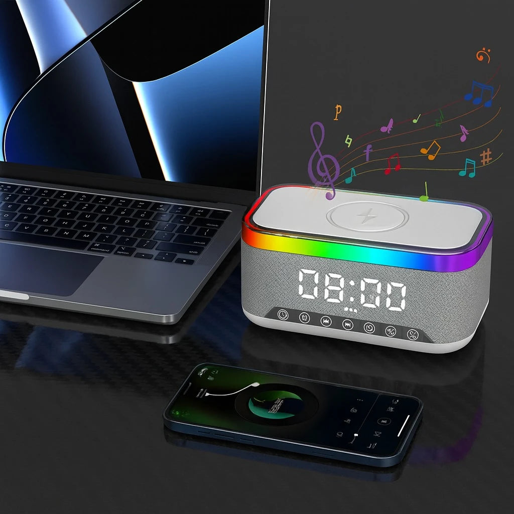 Ceas Digital 6in1 cu Incarcare Wireless 15W Boxa Bluetooth Lampa LED Radio FM - detaliu produs