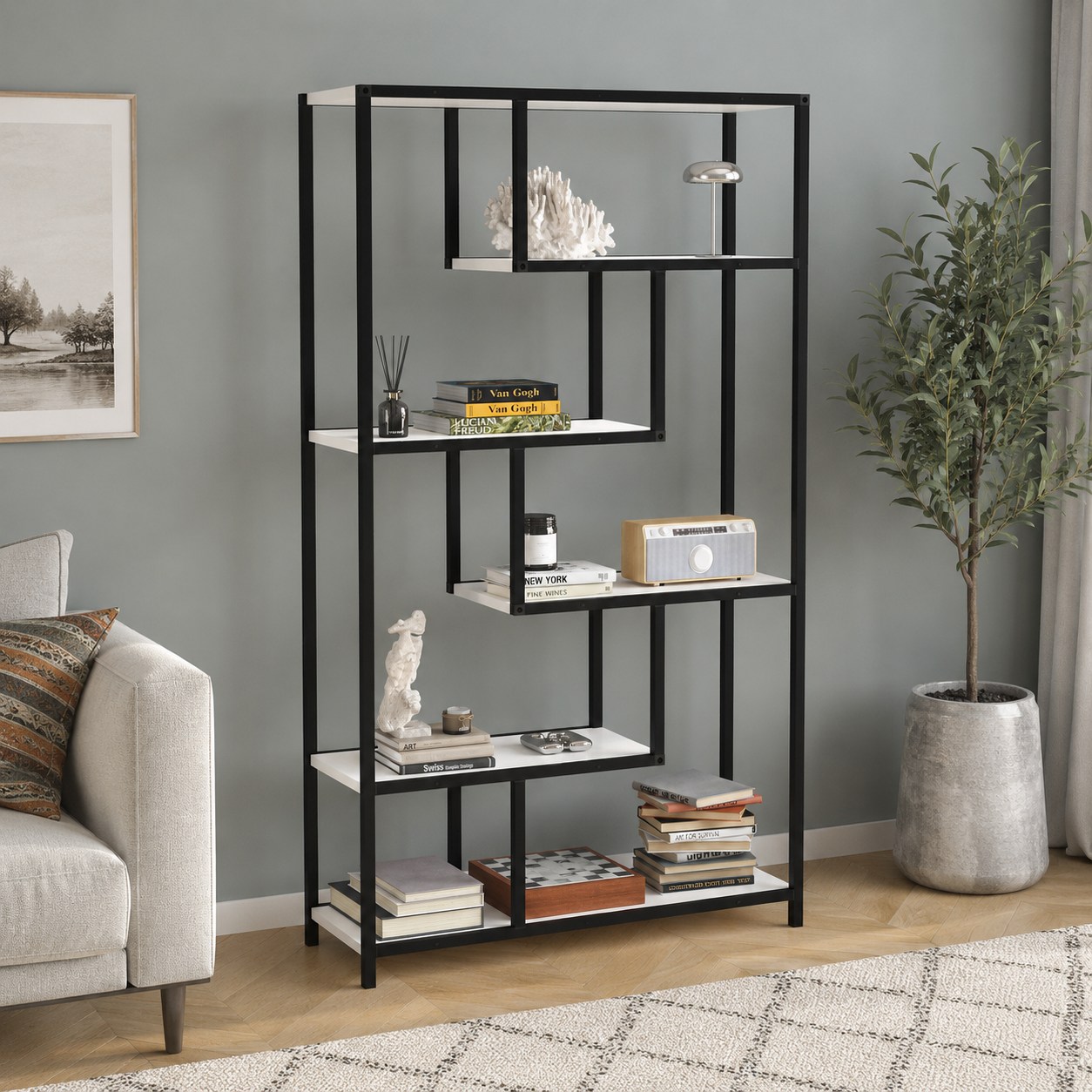 Biblioteca Moderna cu 6 Rafturi pentru Living si Birou, Cadru Metalic, PAL 18 mm, 88 x 30 x 160 cm