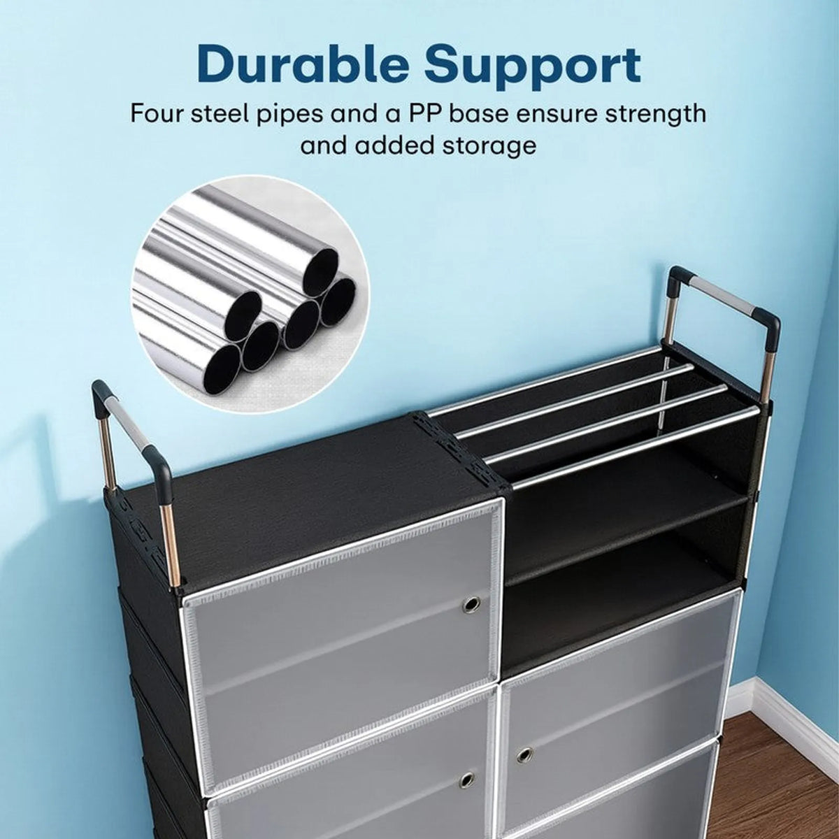 Pantofar Modular cu 6 Compartimente, 81 × 29 × 96 cm, Uși Magnetice Semitransparente, Structură Metalică, Negru/Gri - detaliu produs