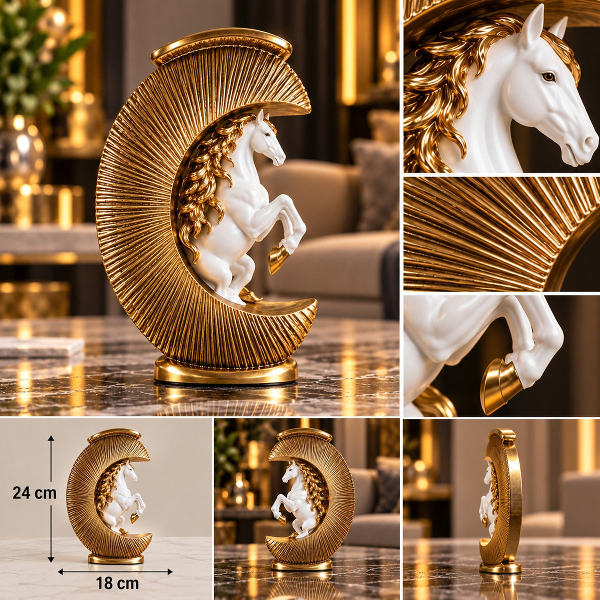 Statuetă Decorativă Premium cu Cal Alb în Semilună Aurie, din Rășină Finisată – 24 × 18 cm - detaliu produs