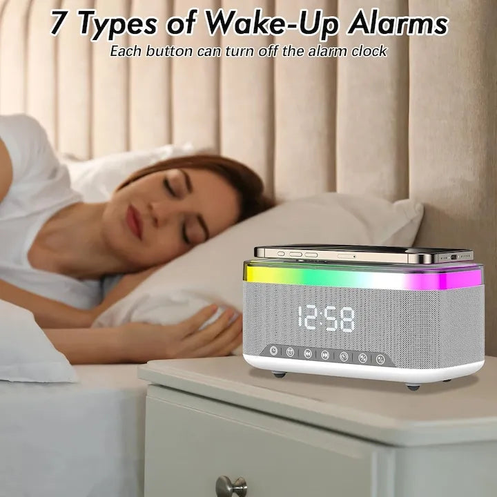Ceas Digital 6in1 cu Incarcare Wireless 15W Boxa Bluetooth Lampa LED Radio FM - detaliu produs