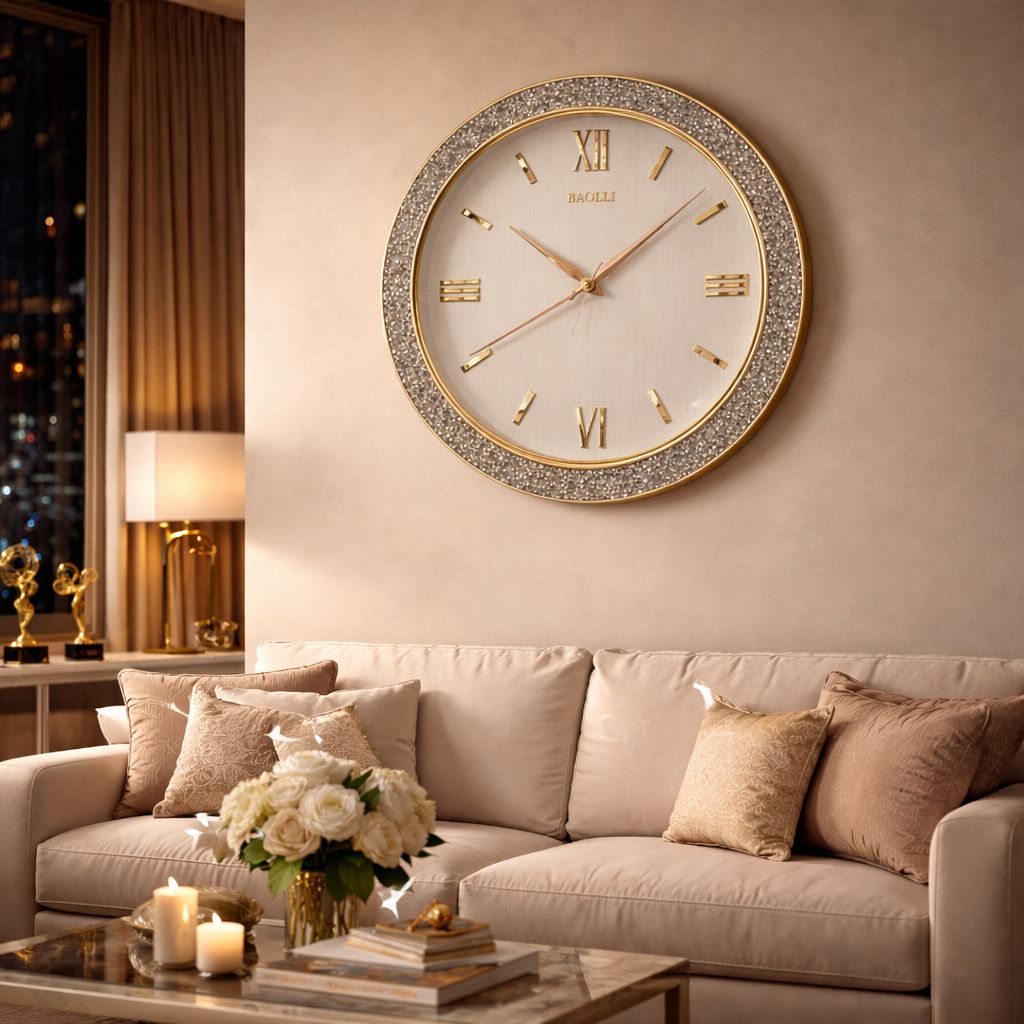 Ceas de perete decorativ cu pietricele stralucitoare si cifre romane aurii, 40cm