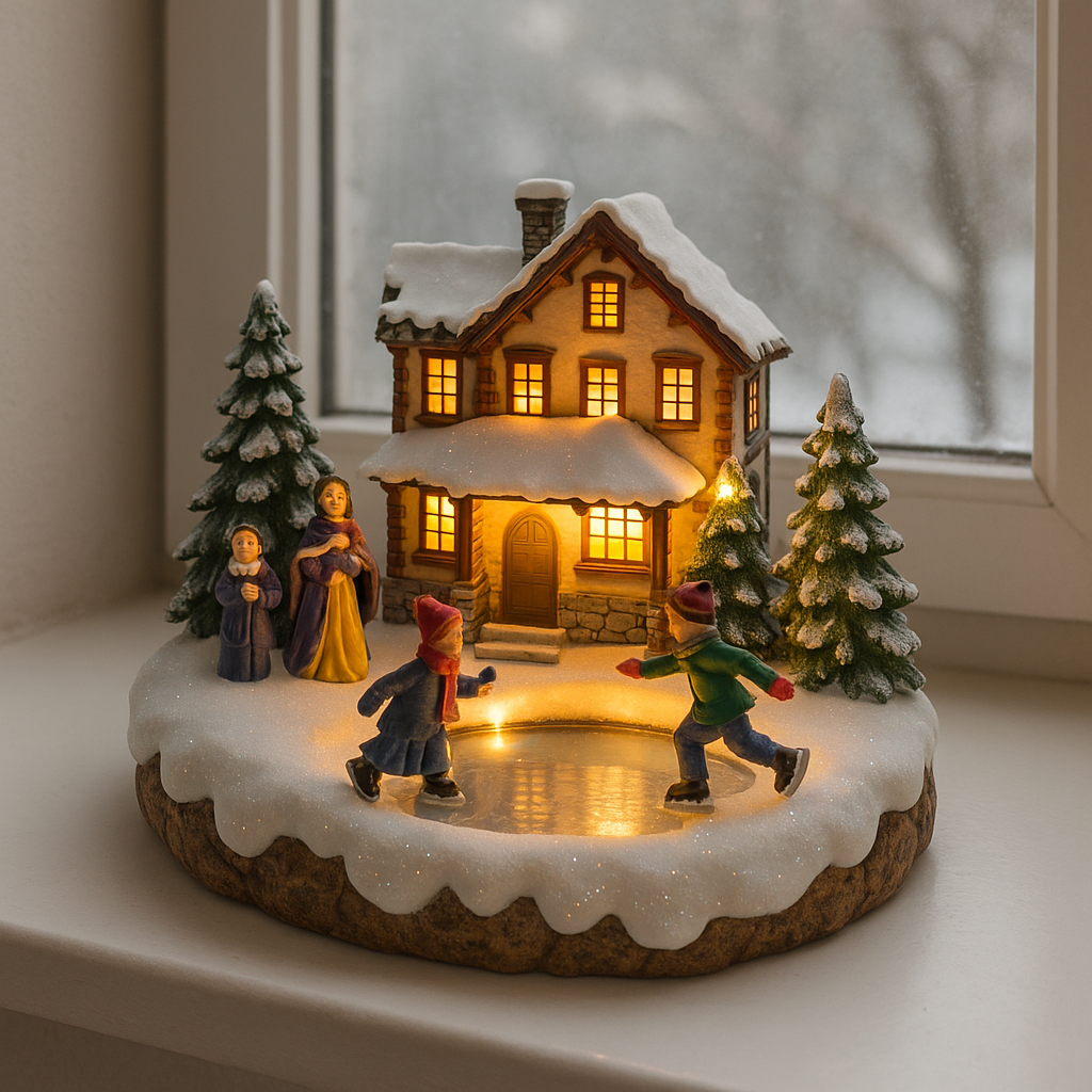Decoratiune Craciun cu Casuta Luminata si patinatori – platforma rotativa iluminata si melodii de Craciun