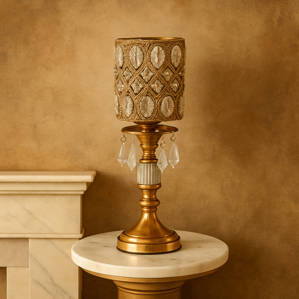 Candelabru decorativ auriu cu cristale, 40 cm. Metal finisat + cristale transparente