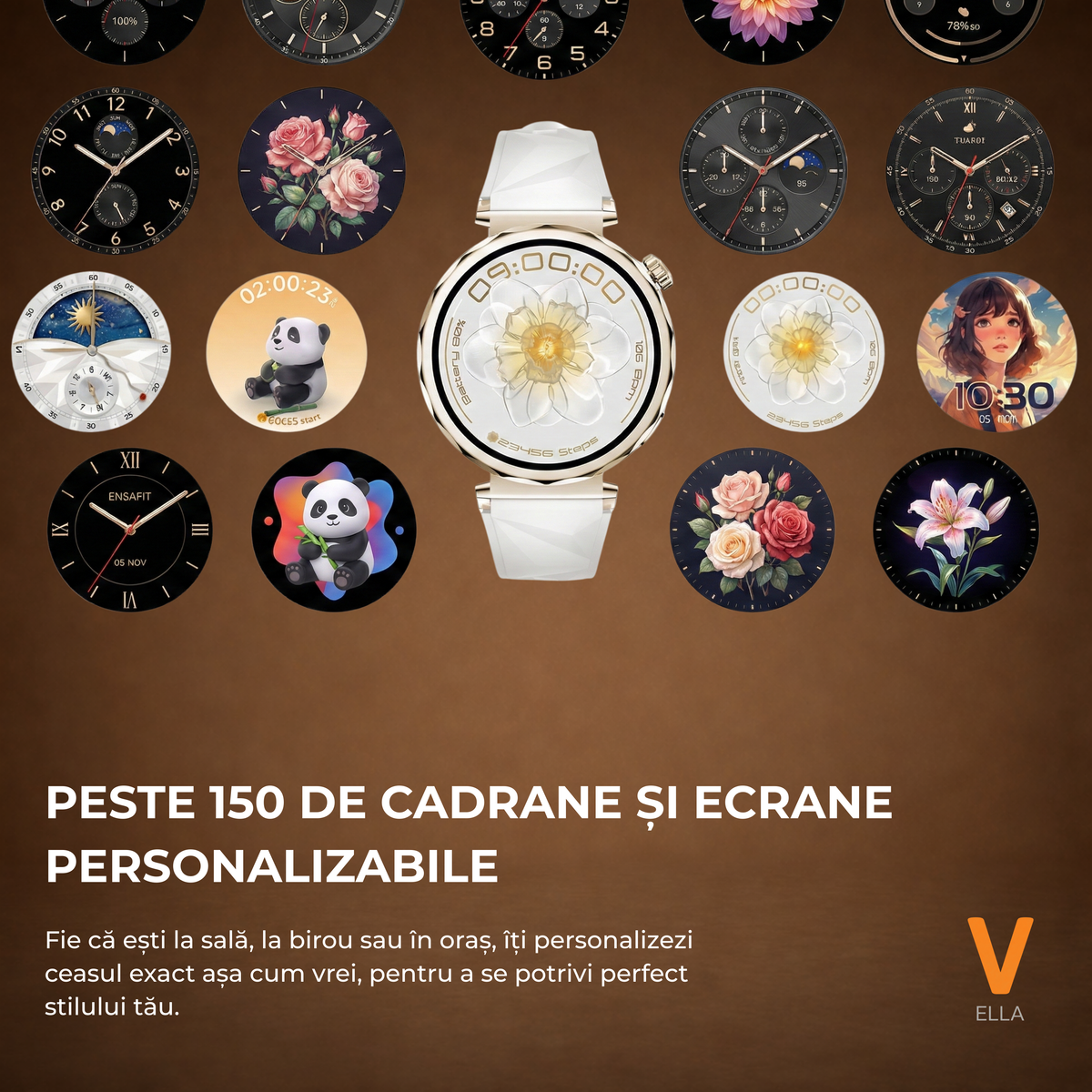 Ceas Smartwatch Dama ELLA Vivendo®, Ecran AMOLED 1.32", Fitness, Apel Bluetooth, Notificari Limba Romana, Asistent Vocal & ChatGPT AI, Incarcare Wireless, Rezistent Apa IP68, 2 Curele Incluse