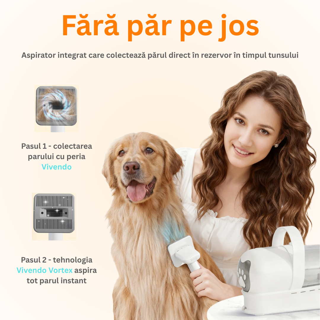 Masina de tuns animale 5 in 1 cu Aspirator integrat – Caini si Pisici, 6 dimensiuni de tuns, zgomot redus, Alb