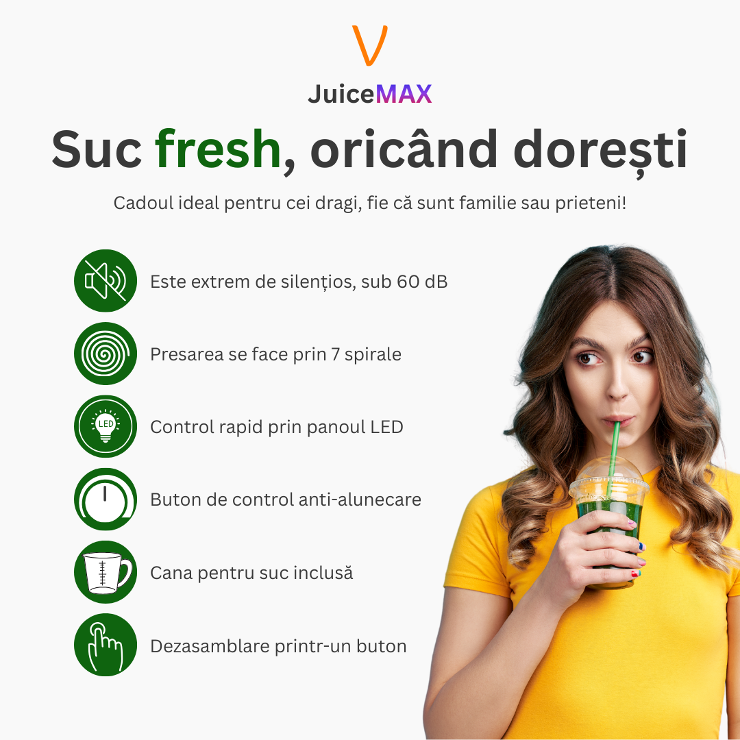 Storcator Multifunctional JuiceMAX cu Presare la Rece – Motor DC 150W, 110 RPM, Corp Inox, Functie Reverse, pentru Fructe, Legume si Frunze Verzi