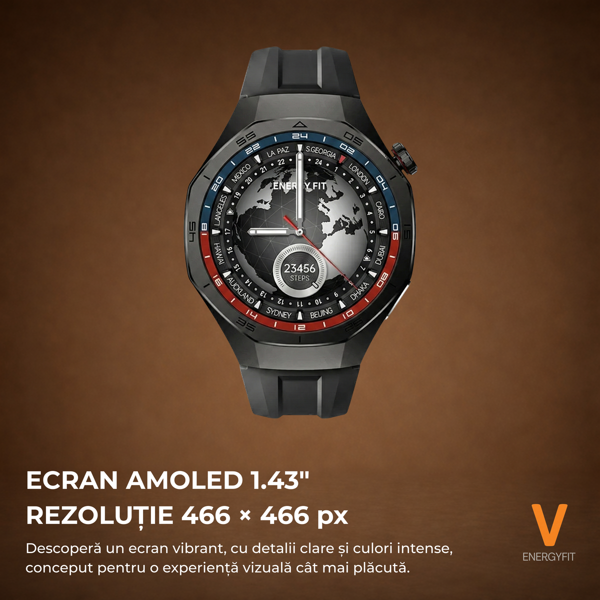 Ceas Smartwatch ENERGYFIT, Ecran AMOLED 1.43", Apel Bluetooth, ChatGPT AI, Notificari Romana, Fitness, Sport, Rezistent Apa 5ATM, Incarcare Wireless, 2 Curele, Negru