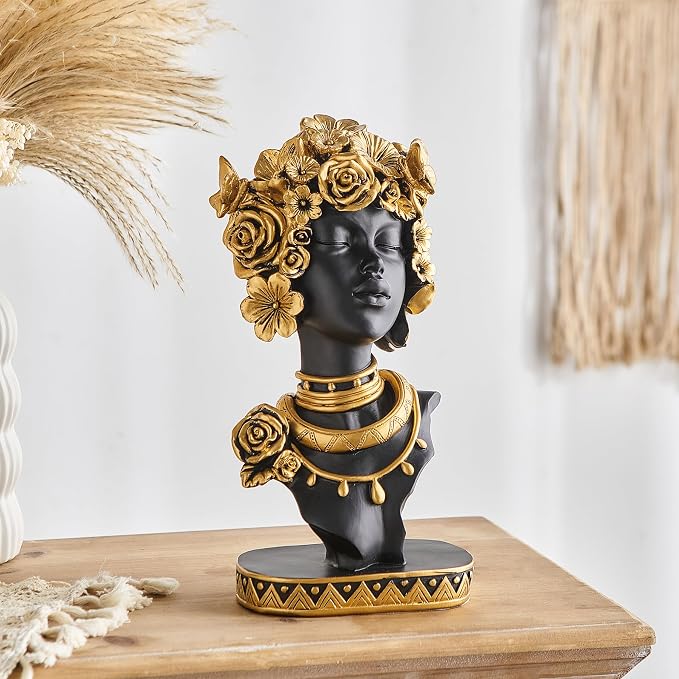 Statueta Africana Bust Negru Auriu Decorativ Raze Flori Trandafiri Luxury 35cm - detaliu produs