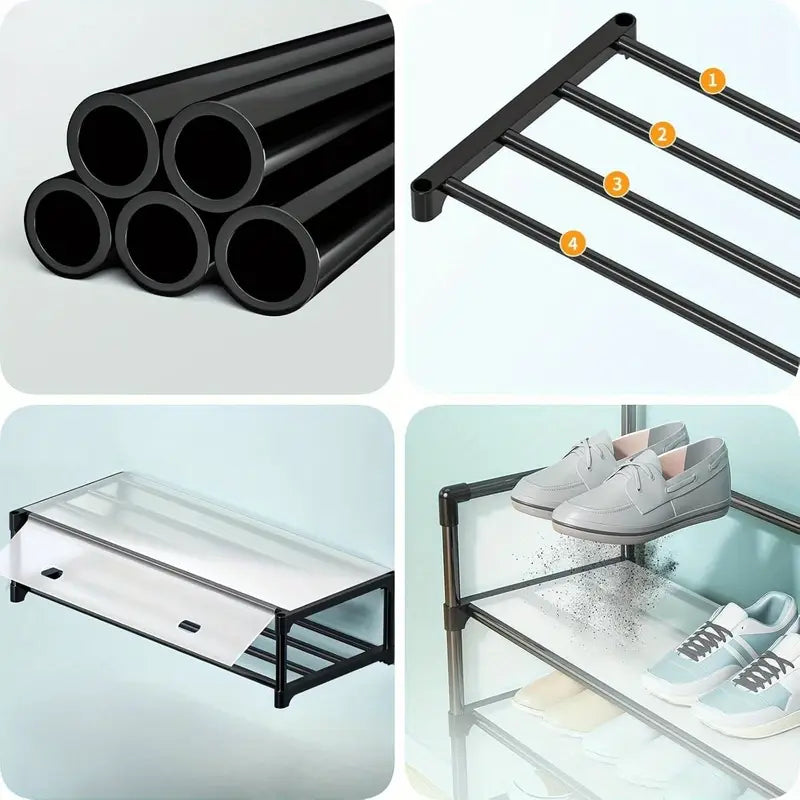 Cuier cu raft pantofi pe 4 niveluri si 8 carlige duble, suport haine si incaltaminte  pentru hol