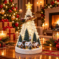 Decorațiune Premium de Crăciun tip Brad cu Sat de Iarnă, Moș Crăciun cu Renii, Lumină LED și Cutie Muzicală – 31,5 × 21 × 21 cm