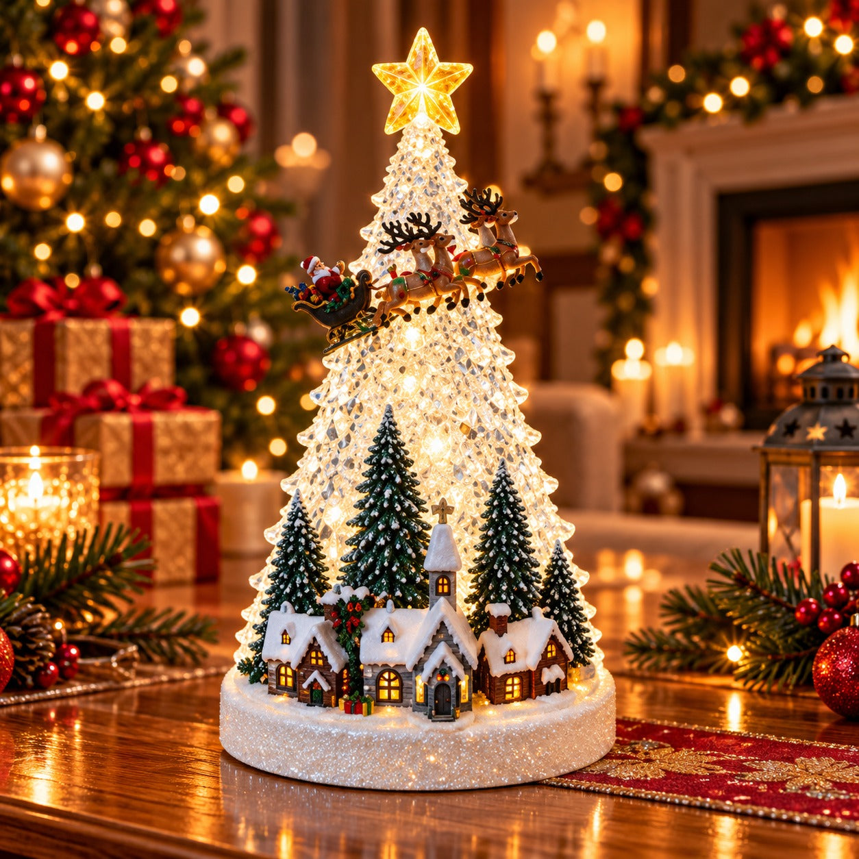 Decorațiune Premium de Crăciun tip Brad cu Sat de Iarnă, Moș Crăciun cu Renii, Lumină LED și Cutie Muzicală – 31,5 × 21 × 21 cm - detaliu produs