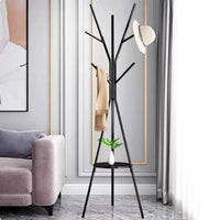 Cuier haine cu suport din lemn pentru accesorii, 9 carlige, otel carbon, 180 x 45 cm, negru - imagine 4