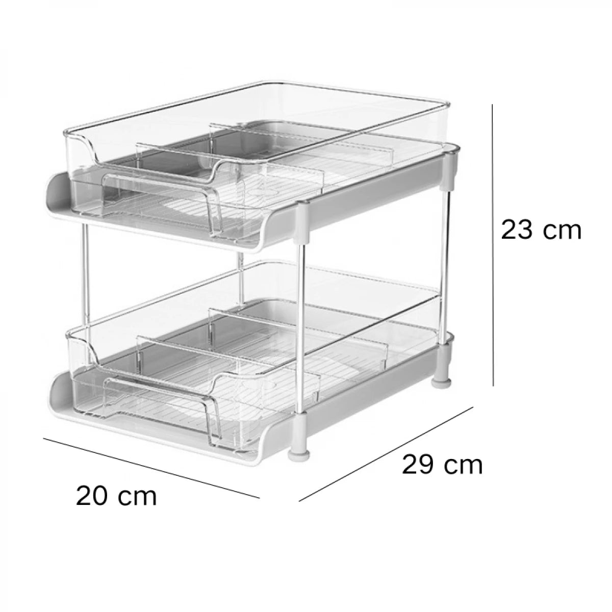 Suport cu 2 rafturi retractabile, 2 nivele si 6 compartimente de depozitare, 29  x 20 x 23  cm, alb