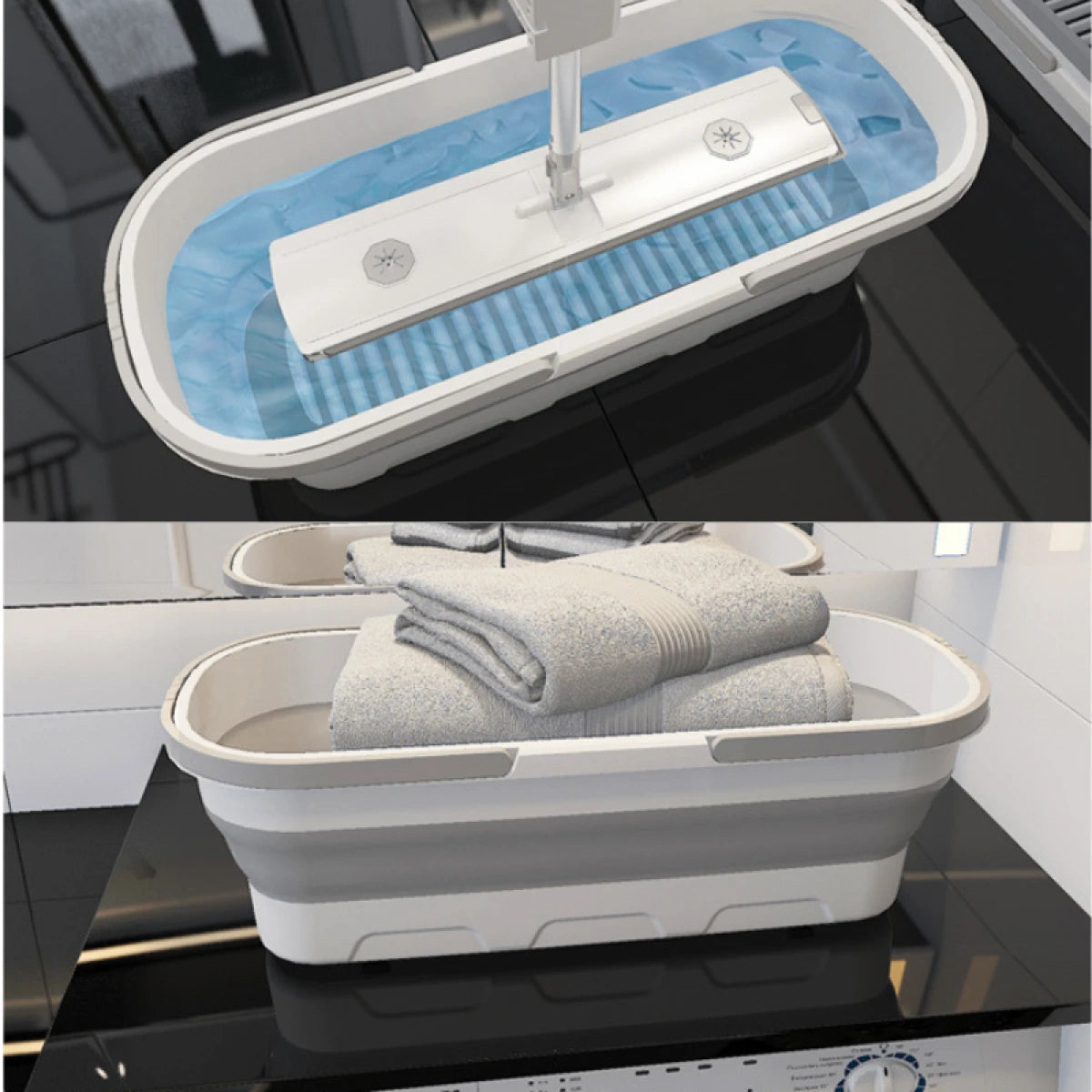 Set mop rotativ cu 2 lavete microfibra si lighean pliabil de 8 L