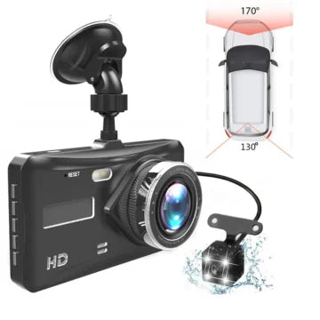 Camera auto dubla, Full HD, Rezolutie 1080p, Unghi filmare 170° in fata si 120° in spate, Ecran LCD 4 inch cu Touchscreen, Senzor G, filmare in bucla