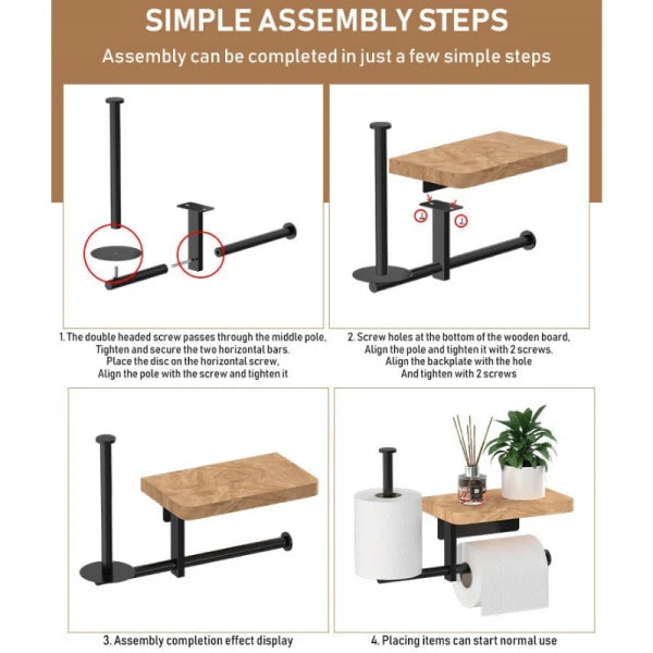 Suport multifunctional pentru hartia igienica din otel si lemn, 2 moduri de montare, negru