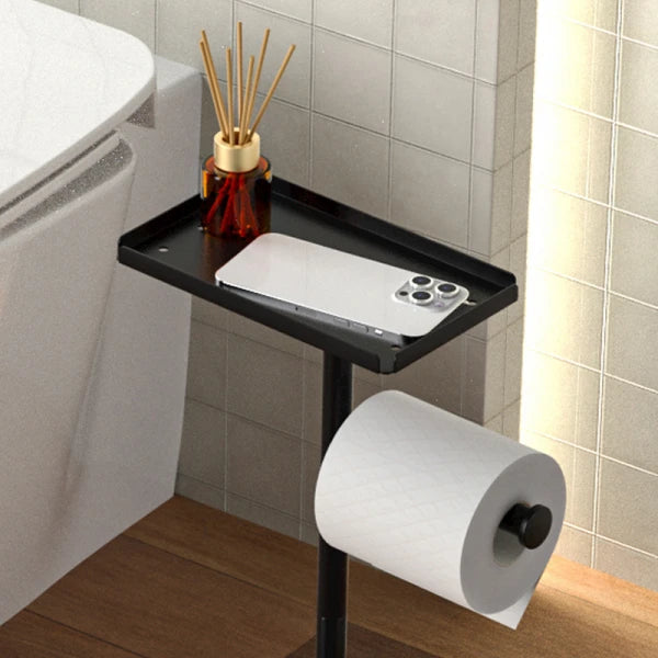 Suport metalic pentru hartia igienica cu polita pentru accesorii, 2 spatii de stocare hartie igienica, 72 cm, negru