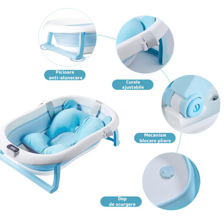 Cadita pliabila pentru bebelusi, termometru electronic incorporat, cu suport pernuta, picioruse antiderapante