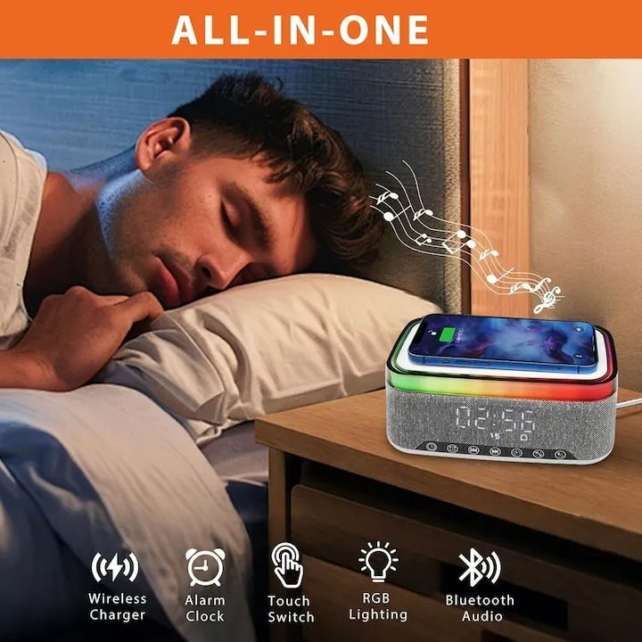 Ceas Digital 6in1 cu Incarcare Wireless 15W Boxa Bluetooth Lampa LED Radio FM - detaliu produs