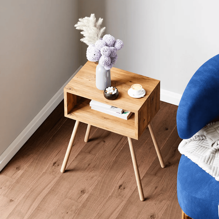 Noptiera cu picioare retro – 44 x 29 x 18 cm – cu raft de depozitare si design vintage